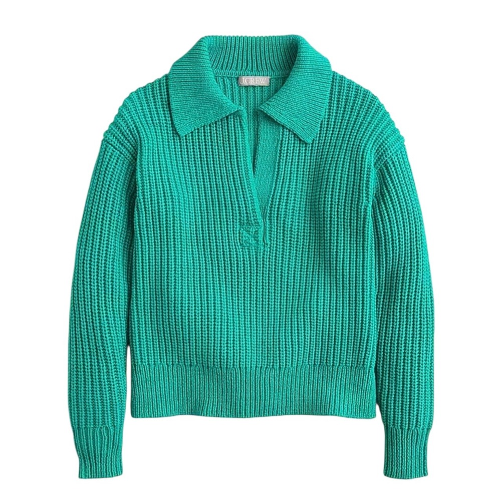 J.Crew Ribbed Cotton Johnny-Collar‎ Sweater Pullover Green Cotton Women L XL